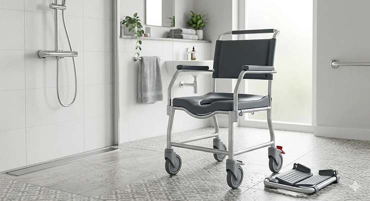 A professional hero shot of a wheeled shower commode chair in a modern British wet room with natural lighting and high-quality finish. wheeled shower commode chair
