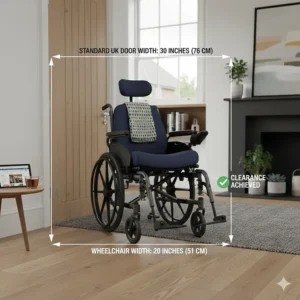 A 20 inch wide wheelchair passing through a standard British internal doorway with clear dimensions shown.