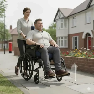 Illustration of a 20 inch wide wheelchair for larger users navigating a standard UK pavement with ease.