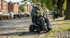 A bariatric electric wheelchair with rugged tyres designed for navigating British parks and uneven surfaces.