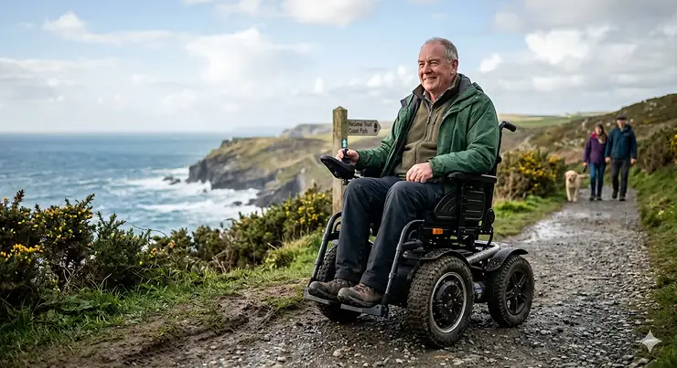 A man using a robust all-terrain electric wheelchair on a coastal path overlooking the cliffs and ocean in Cornwall, UK. all terrain electric wheelchair