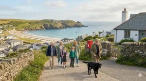 A photorealistic 4x4 tracked wheelchair with high traction navigating a steep, grassy incline on a traditional British hill farm.