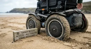 An all-terrain electric wheelchair driving on a sandy beach next to a wooden signpost for beach accessibility.
