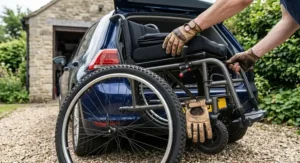Close-up of deep-tread large rear tyres and a hand-operated brake lever designed for traction on wet grass and gravel paths.