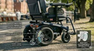 Illustration of the electromagnetic braking system and anti-tip wheels on a heavy-duty bariatric wheelchair.