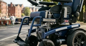 Illustration showing the heavy-duty suspension and high weight capacity of a bariatric motorised wheelchair.