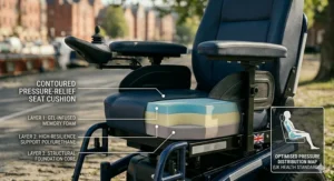 Cross-section of a contoured pressure-relief seat cushion for a bariatric electric wheelchair.