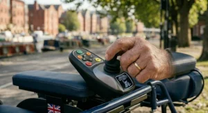 Close-up illustration of user-friendly joystick controls on a heavy-duty bariatric powerchair.