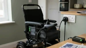 Close-up of an indoor electric wheelchair charging via a standard British three-pin fused wall socket with a visible green LED indicator.