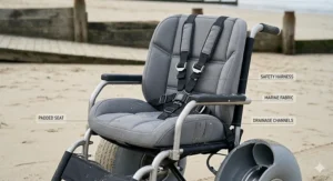 Detail of the comfortable padded seat on a sand wheelchair, featuring a five-point safety harness and quick-dry marine fabric.