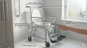 Technical drawing showing the slim width of a portable commode wheelchair, ideal for narrow care home corridors.