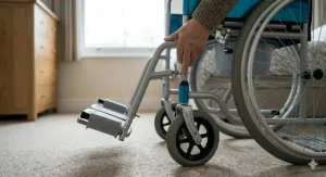 Close-up of the detailed unlatched and swung-out footrest mechanism on the blue commode wheelchair showing the textured grey plastic footplate.