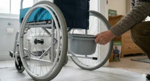 A low angle photograph showing the grey plastic commode bucket being smoothly slid out backwards from beneath the blue waterproof seat.