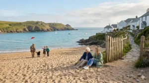 A compact all-terrain wheelchair passing through a standard timber kissing gate on a public bridleway.