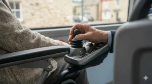 A detailed close-up of a person's hand operating the joystick control panel on a compact electric wheelchair.