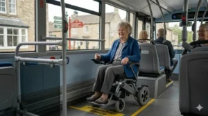 Side view of a compact electric wheelchair positioned securely in the accessibility bay of a UK bus near the stop buttons.