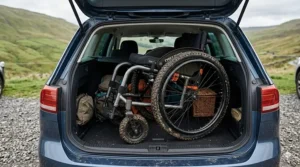 A compact off road wheelchair with muddy tyres folded and stored in the boot of a blue British estate car.