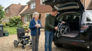 A compact electric wheelchair being easily lifted and loaded into the boot of a black hatchback car parked on a gravel driveway in front of a British house.