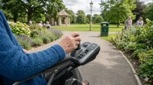 A first-person perspective of a compact electric wheelchair being driven along a paved path in a leafy British public park.