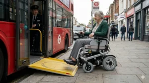 A compact electric wheelchair with a small turning circle positioning itself on a London bus.