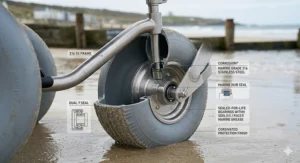 Technical diagram of a sand wheelchair wheel showing the internal marine-grade 316 stainless steel bearings and corrosion-resistant frame.