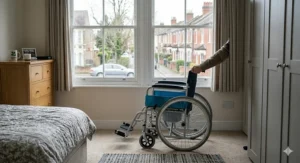 A photorealistic 4K photograph of a self-propel commode wheelchair kept bedside in a contemporary light-filled British bedroom with a window view.