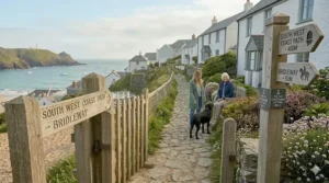 A group of visitors, including a wheelchair user, exploring an organic farm during an Open Farm Sunday event.