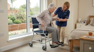 Side view showing drop-down armrests on a commode wheelchair to assist with safe lateral patient transfers.