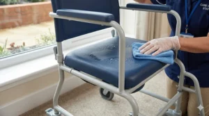 A waterproof, easy-wipe frame of a mobile commode chair designed for infection control in UK care homes.