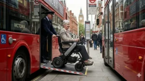 A narrow electric wheelchair boarding a London-style bus via a ramp, showing its compact size.