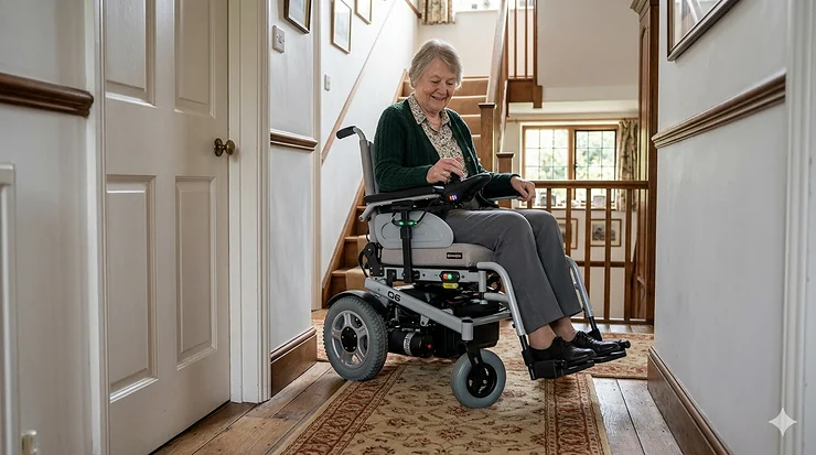 A compact electric wheelchair showing a small turning circle while navigating a narrow British hallway. electric wheelchair small turning circle