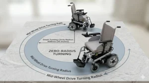 Technical diagram illustrating the exact turning radius of a mid-wheel drive electric wheelchair.