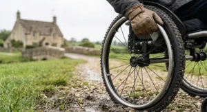 Close-up of a hand in a leather glove using the ergonomic push rims of a large-wheeled wheelchair on a gravelled path.