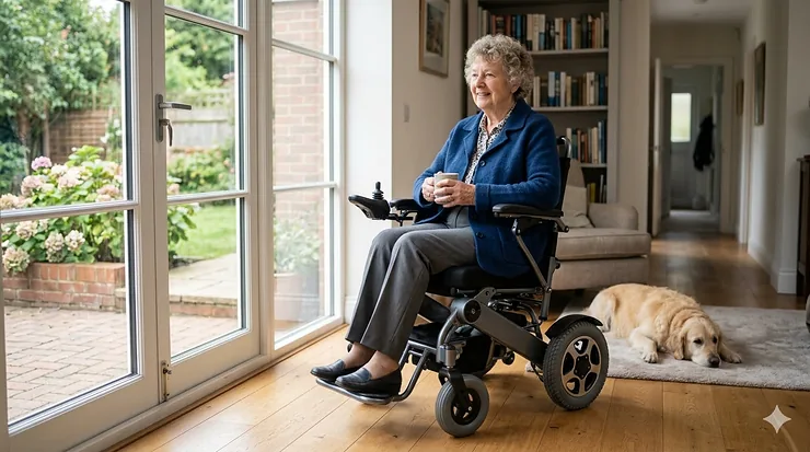 A senior woman sitting in a compact electric wheelchair in a modern British living room, holding a mug and looking out of glass patio doors into a garden. compact electric wheelchair