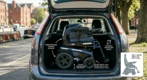 Illustration demonstrating how a folding bariatric electric wheelchair fits into a standard UK car boot.
