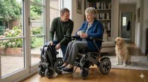 A man demonstrating the folding mechanism of a compact electric wheelchair on a wooden floor inside a UK home.