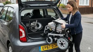A lightweight, folding electric wheelchair being stored in the boot of a small hatchback car.