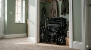 A photorealistic illustration of a folded indoor electric wheelchair stored neatly inside a compact hallway cupboard to save space.
