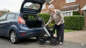 A lightweight, narrow electric wheelchair folded and stored in the boot of a standard UK hatchback.