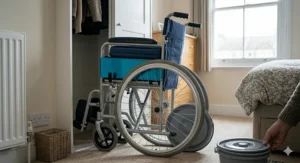 The blue self-propel commode wheelchair shown folded compactly in the corner of a bedroom near a white radiator for easy storage.