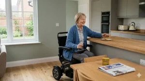 A person using an indoor electric wheelchair to comfortably access an oak kitchen worktop in a modern British home environment.