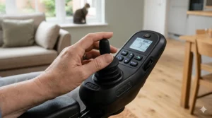 A user's perspective of the ergonomic joystick control interface on an indoor electric powerchair, featuring a clear battery and speed display.