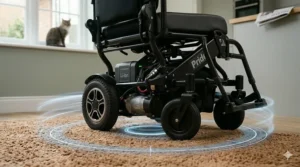 Technical illustration highlighting the rear anti-tip safety wheels and robust build quality of an indoor electric powerchair for home use.