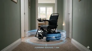 An indoor electric powerchair demonstrating a precise and tight turning radius within a narrow carpeted hallway of a UK home.