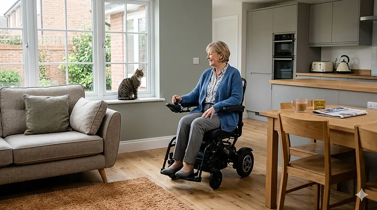 A person navigating a compact indoor electric wheelchair through a modern, light-filled British open-plan living room and kitchen area. indoor electric wheelchair