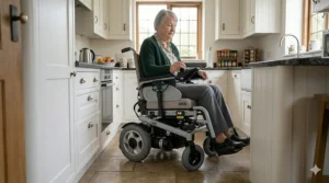 An indoor powerchair with a tight turning radius moving easily between kitchen counters.