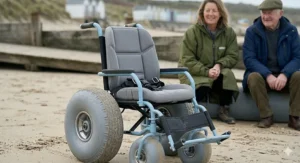 A junior sand wheelchair with balloon tyres in a sea-spray blue finish, designed for children to access the British seaside comfortably.
