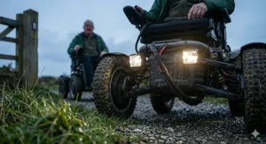 Front-facing LED headlights illuminated on an all-terrain electric wheelchair during a grey, overcast British afternoon.