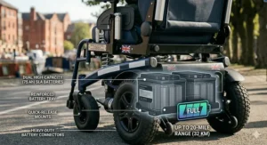 Illustration of a high-capacity battery pack for a bariatric electric wheelchair, suitable for long-distance travel.