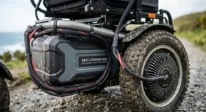 Close-up of a high-capacity 48V lithium-ion battery on an all-terrain electric wheelchair.